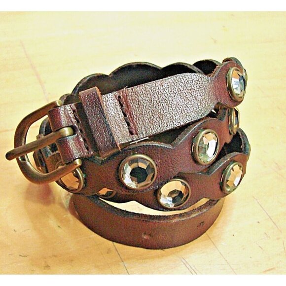 Vintage American Eagle Women Rhinestone Stud Leather Belt L-XL Brown Boho Urban - Picture 1 of 9